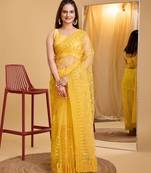Yellow soft net sarree with plain blouse piece