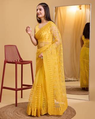 Yellow soft net sarree with plain blouse piece 2