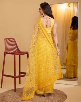 Yellow soft net sarree with plain blouse piece 3