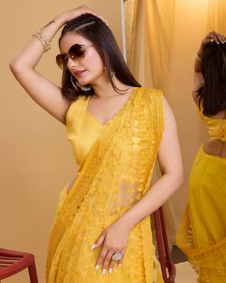 Yellow soft net sarree with plain blouse piece 4