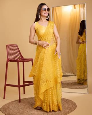 Yellow soft net sarree with plain blouse piece 5