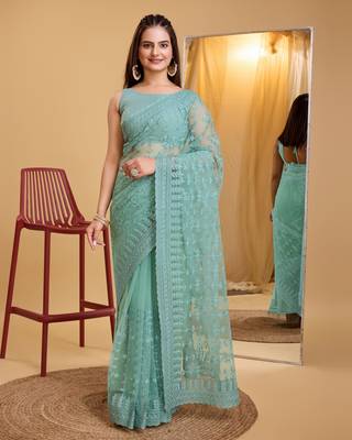 Blue  soft net sarree with plain blouse piece 1