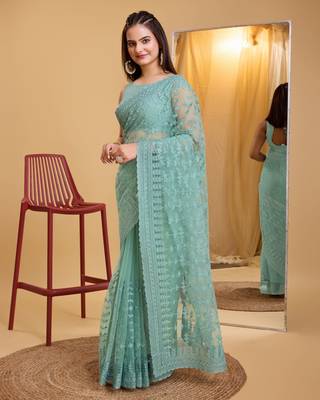 Blue  soft net sarree with plain blouse piece 2