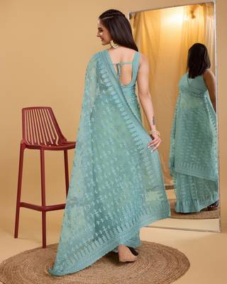 Blue  soft net sarree with plain blouse piece 3