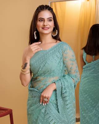 Blue  soft net sarree with plain blouse piece 4
