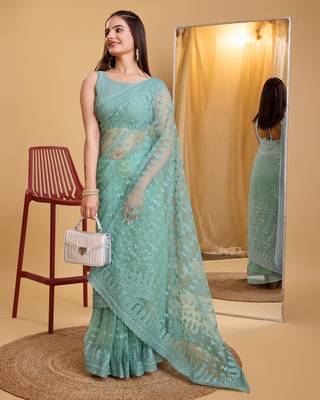 Blue  soft net sarree with plain blouse piece 5