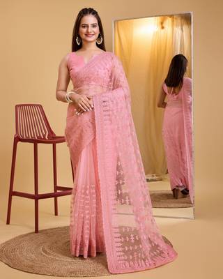 Pin k  soft net sarree with plain blouse piece 1