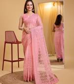 Pin k  soft net sarree with plain blouse piece