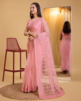 Pin k  soft net sarree with plain blouse piece 2