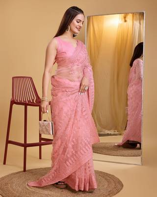 Pin k  soft net sarree with plain blouse piece 4