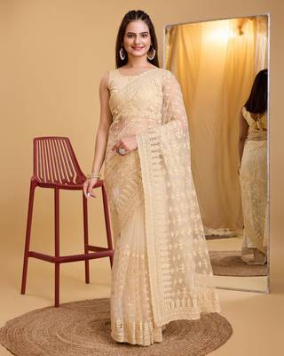 Chikoo  soft net sarree with plain blouse piece 1