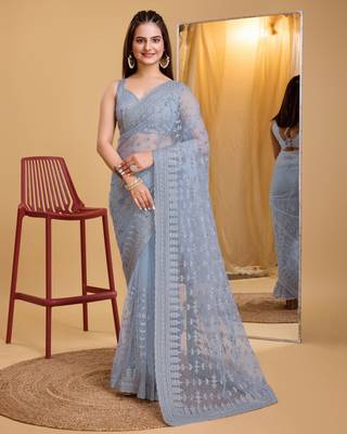 Grey  soft net sarree with plain blouse piece 1
