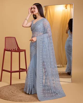 Grey  soft net sarree with plain blouse piece 2