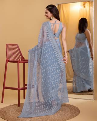 Grey  soft net sarree with plain blouse piece 3