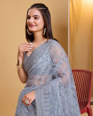 Grey  soft net sarree with plain blouse piece 4