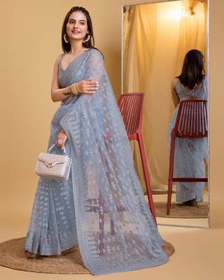 Grey  soft net sarree with plain blouse piece 5