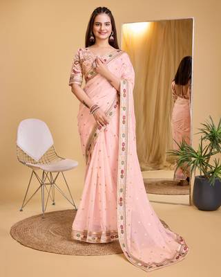 Pink soft organza  saree with heavy work blouse  piece 1
