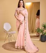 Pink soft organza  saree with heavy work blouse  piece