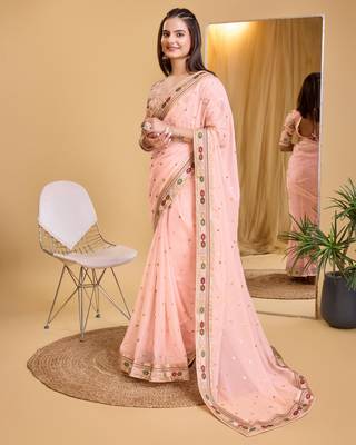 Pink soft organza  saree with heavy work blouse  piece 2
