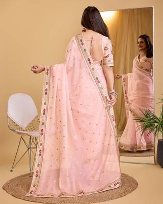 Pink soft organza  saree with heavy work blouse  piece 3