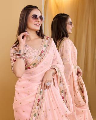 Pink soft organza  saree with heavy work blouse  piece 4