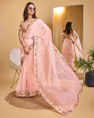 Pink soft organza  saree with heavy work blouse  piece 5