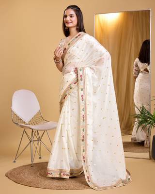 Sky blue soft organza  saree with heavy work blouse  piece 2