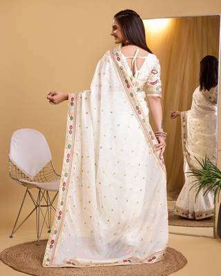 Sky blue soft organza  saree with heavy work blouse  piece 3