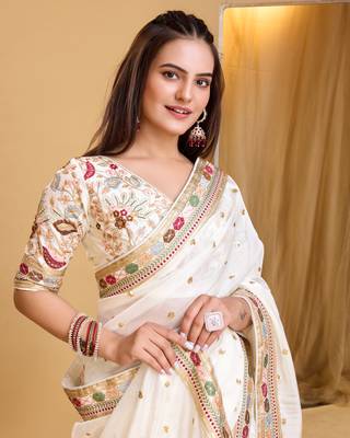 Sky blue soft organza  saree with heavy work blouse  piece 4