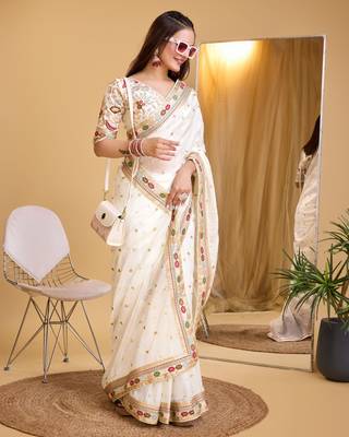 Sky blue soft organza  saree with heavy work blouse  piece 5