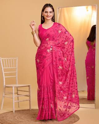Pink soft organza sequance work  saree with plain  blouse  piece 1