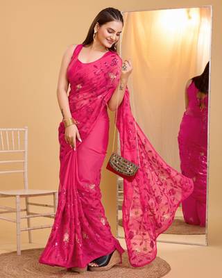 Pink soft organza sequance work  saree with plain  blouse  piece 2