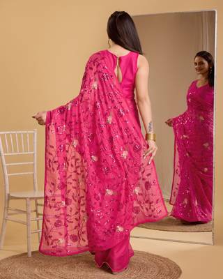 Pink soft organza sequance work  saree with plain  blouse  piece 3