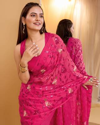 Pink soft organza sequance work  saree with plain  blouse  piece 4