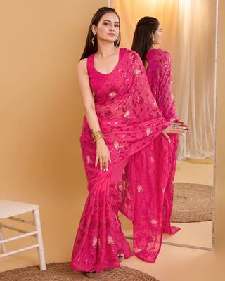 Pink soft organza sequance work  saree with plain  blouse  piece 5