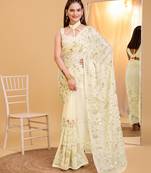 Cream soft organza sequance work  saree with plain  blouse  piece