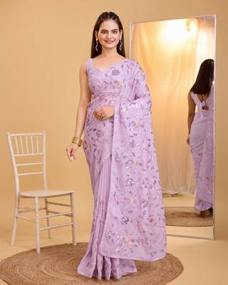 Lavender  soft organza sequance work  saree with plain  blouse  piece 1