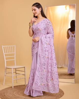 Lavender  soft organza sequance work  saree with plain  blouse  piece 2