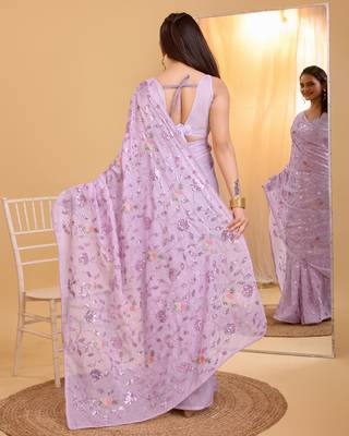 Lavender  soft organza sequance work  saree with plain  blouse  piece 3