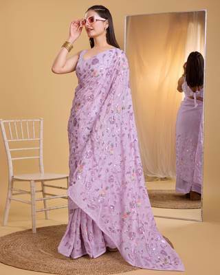 Lavender  soft organza sequance work  saree with plain  blouse  piece 5