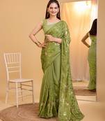 Green  soft organza sequance work  saree with plain  blouse  piece
