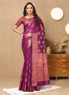 Designer Purple Zari Weaving Border Work Silk Saree 1