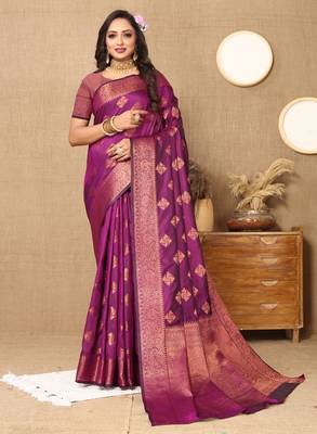 Designer Purple Zari Weaving Border Work Silk Saree 3