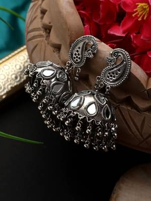 Oxidized Silver Color Mirror Light Weight Jhumka Earrings Set 3