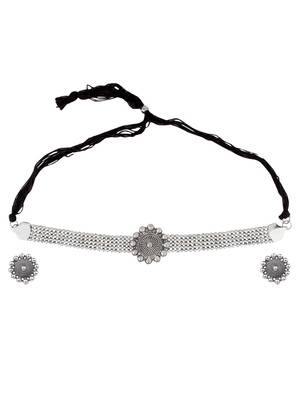 Oxidized Silver Color Choker Floral Necklace Set 1