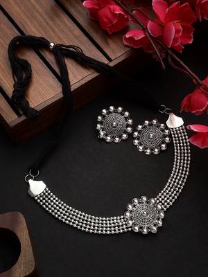 Oxidized Silver Color Choker Floral Necklace Set 5
