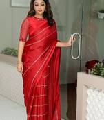 Lookslady womens vichitra silk sequence work designer red saree with stitched blouse | indian saree