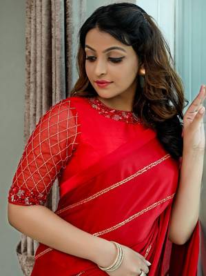 Lookslady womens vichitra silk sequence work designer red saree with stitched blouse | indian saree 4