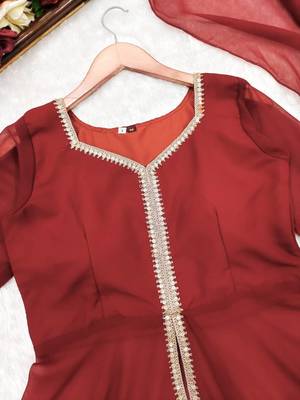 Georgette Fabric Kurta sharara with dupatta set,Golden lace work suit set 2