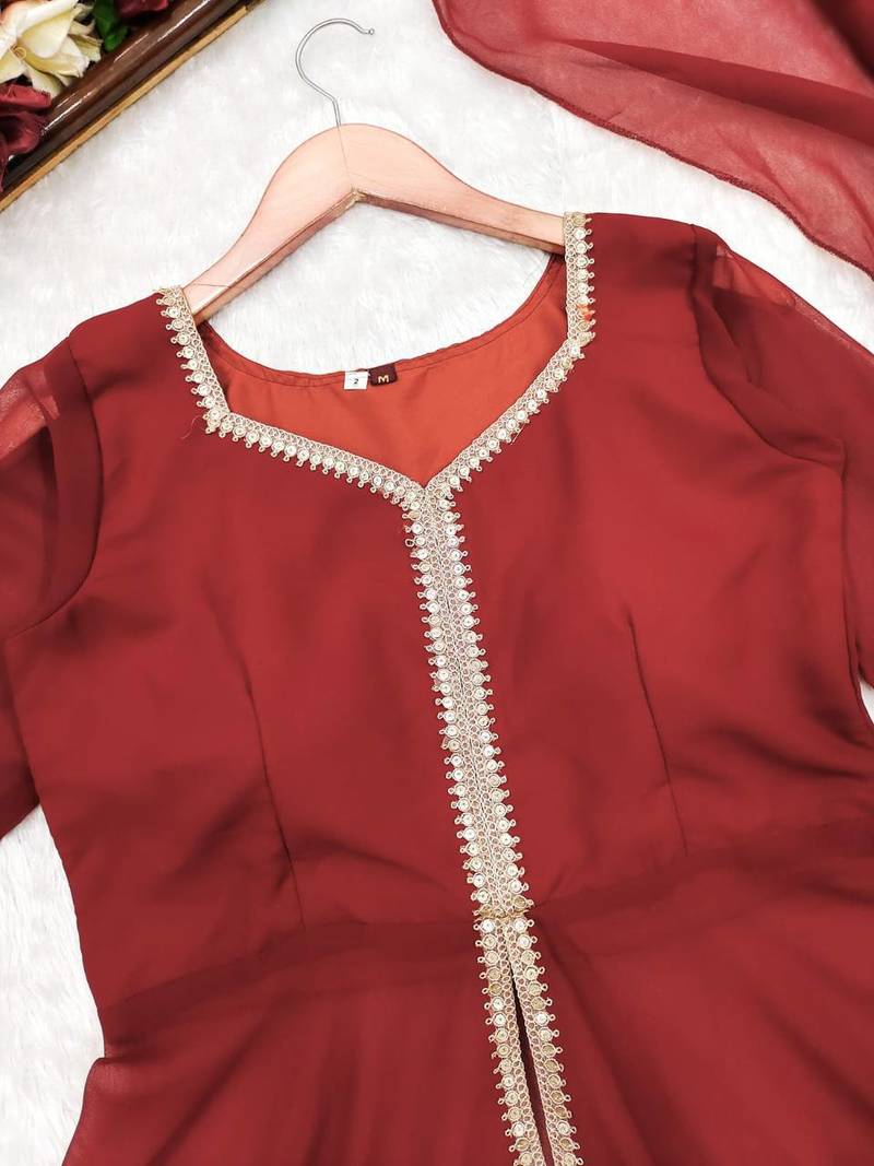 Georgette Fabric Kurta sharara with dupatta set,Golden lace work suit set